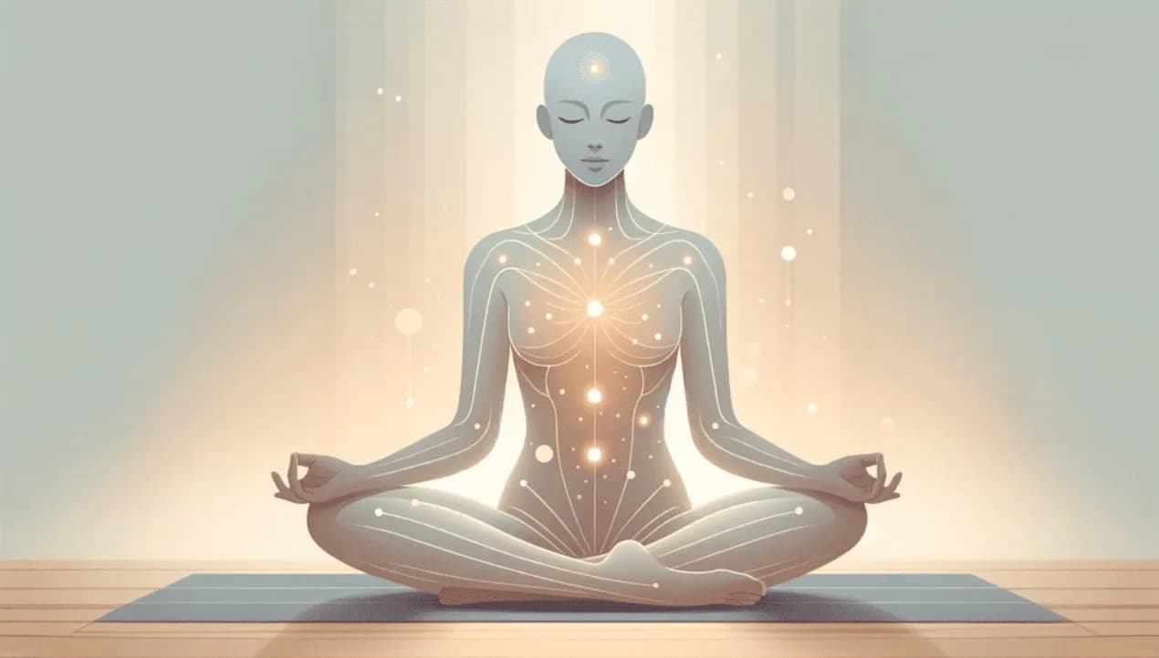 A meditating figure with the chakras lit along the spine